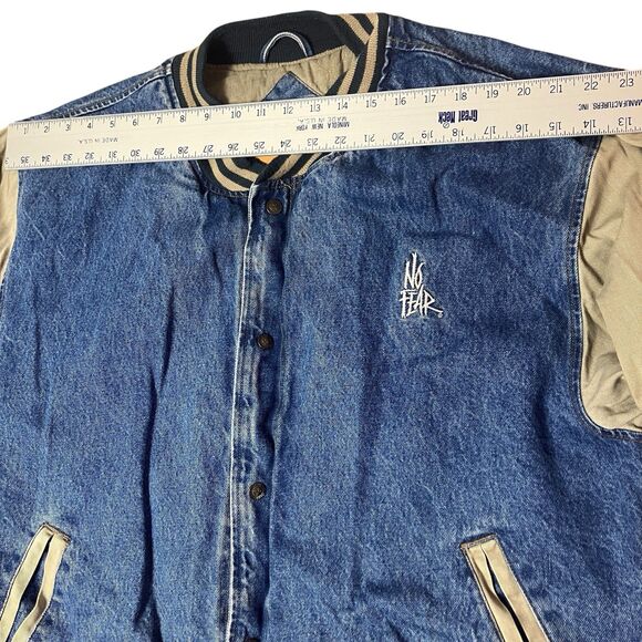 No Fear Varsity Jacket Mens L Denim Blue Beige Sleeve 90s Y2K Streetwear Retro - Picture 7 of 13